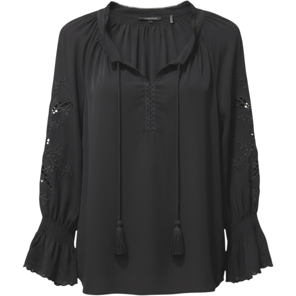 Kobi Halperin Silk‎ Boho Peasant Top w/ Tassels & Embroidered Sleeves – Small